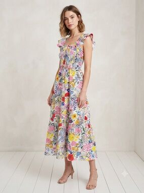 Anthropologie THML Floral Smocked Midi Dress in White with Pink, Yellow & Blue